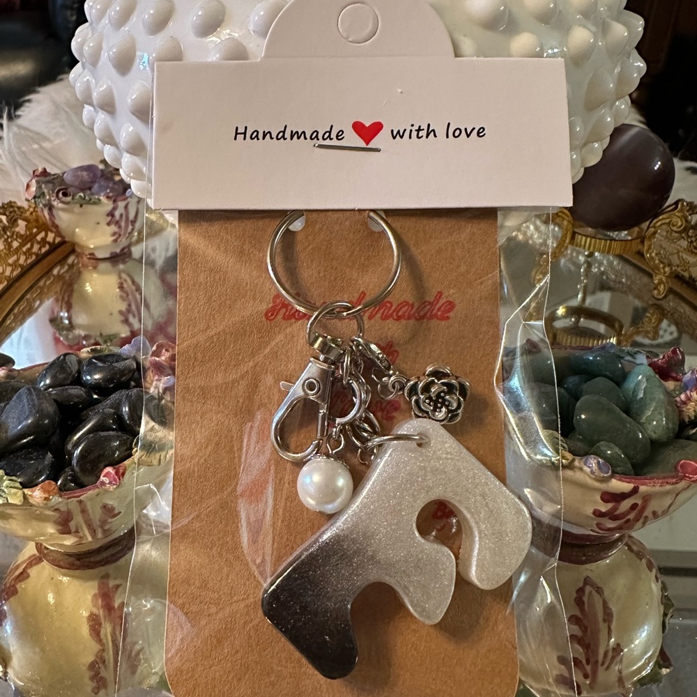 Handmade Silver and White Keychain with Charms